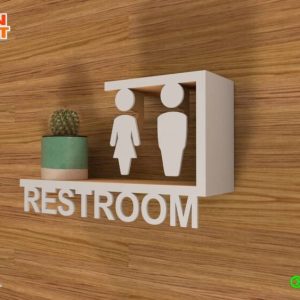 Bathroom Sign - Laser Cut Metal on Painted Wood Spacer