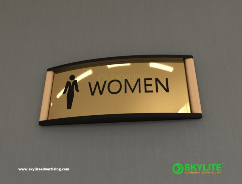 Bathroom Sign - Curved Brass Metal Etched Letters or Print